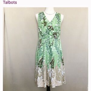 Talbots Green Tan Cream lined pleated A line dress, 10 Petite